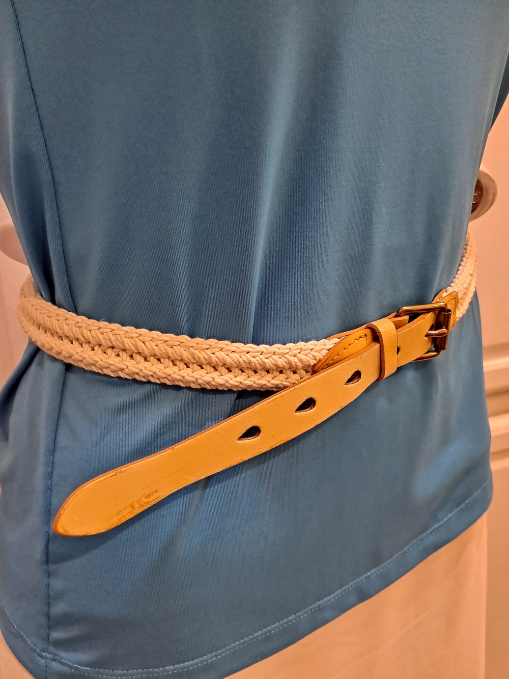 J. Crew Cream Cotton Braided Rope Belt with Tan Leather Buckle - Picture 2 of 7